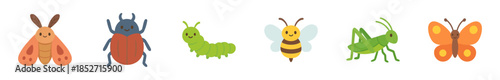 Cute cartoon insects and bugs with friendly smiling faces are arranged in a row, showcasing a delightful collection of various garden creatures.