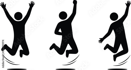 Jumping people silhouettes celebrating success and energy illustration, joyful human figures in motion, black vector icons isolated white background design