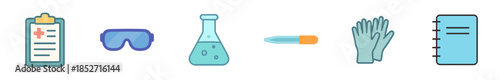 Medical and laboratory equipment icons representing essential tools for scientific research, healthcare safety, data recording, and experimental procedures.