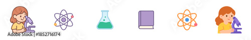 Science education elements collection featuring students using microscopes, atom symbols, laboratory flasks, and textbooks for learning and discovery.