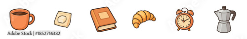Morning routine breakfast items collection of cartoon illustrations featuring coffee, croissant, book, and alarm clock for a cozy start to the day.