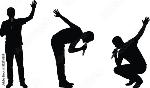 Male singer silhouettes performing on stage illustration, microphone gestures singing performance concept black vector isolated white background design studio icons