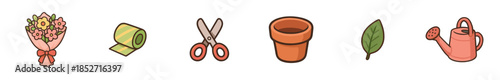 Gardening and floral tools and supplies are neatly arranged in a charming cartoon style, perfect for spring and nature-related designs.