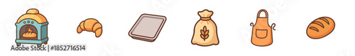 Bakery items and tools collection in a charming cartoon style, featuring fresh bread, a croissant, oven, flour, and apron, perfect for illustrating cooking and baking themes.