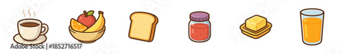 Delicious breakfast items including coffee, fresh fruit, toast, sweet jam, creamy butter, and refreshing orange juice are neatly arranged in a charming cartoon illustration.