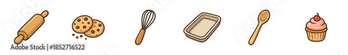 Baking tools and treats collection featuring various kitchen items like a rolling pin, whisk, cookies, and a cupcake, perfect for culinary projects and sweet recipes.