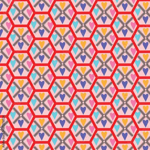 Hexagonal tilling pattern with geometric,shapes,including hearts,triangles,and zig-zag or wavy line motif.Perfect for textile print,home decor,wallpaper,packaging,web,and bohemian design projects.