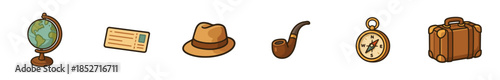Various adventure travel items are neatly arranged, showcasing a globe, ticket, hat, pipe, compass, and suitcase, perfect for illustrating journeys and exploration.