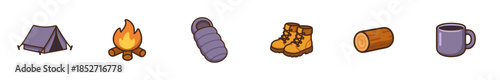 Camping and outdoor adventure equipment icons are neatly arranged in a charming cartoon style, perfect for illustrating various wilderness activities and travel concepts.