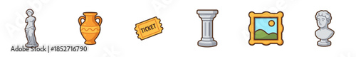 Collection of museum and art icons representing history, culture, and exhibitions, perfect for educational materials or digital interfaces.