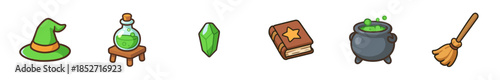 Magic witch wizard fantasy Halloween items collection featuring a hat, potion, crystal, spellbook, cauldron, and broomstick in a charming cartoon style.