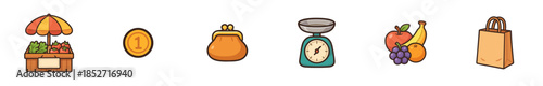 Marketplace shopping elements collection cartoon style icons depicting a fruit stand, money, weighing scale, and shopping bag for retail concepts.