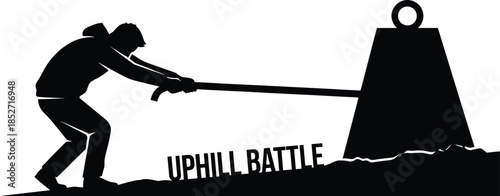 Man silhouette pulling heavy weight uphill battle concept illustration, struggle strength determination perseverance motivation black vector isolated background white studio