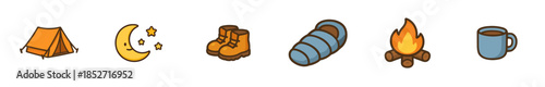 Camping icons set featuring essential outdoor adventure elements like a tent, moon, boots, sleeping bag, campfire, and mug in a charming cartoon style.