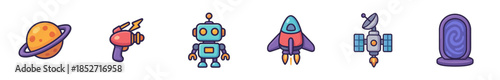 Collection of colorful cartoon space and science fiction icons including a planet, ray gun, robot, rocket, satellite, and portal, perfect for futuristic designs.