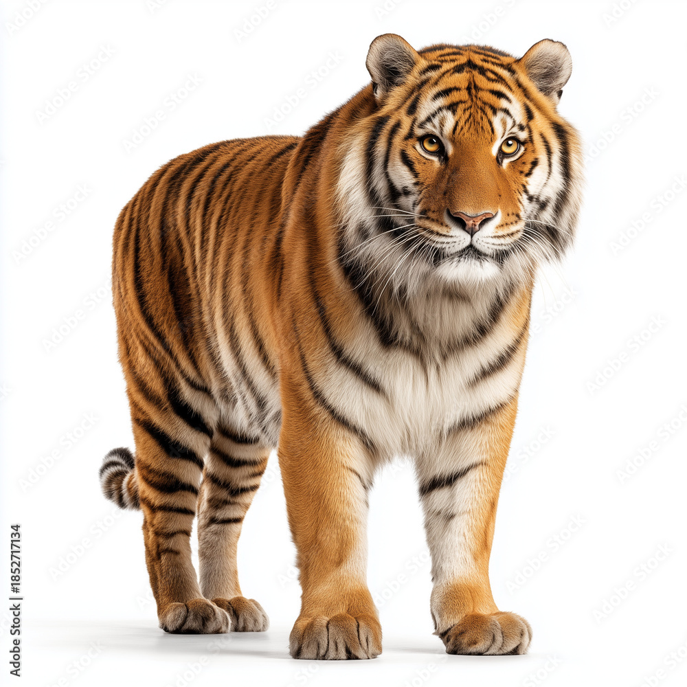 Obraz premium AI-generated image - Majestic tiger (Pantheratigris) standing isolated on a white background, looking directly at the camera. 