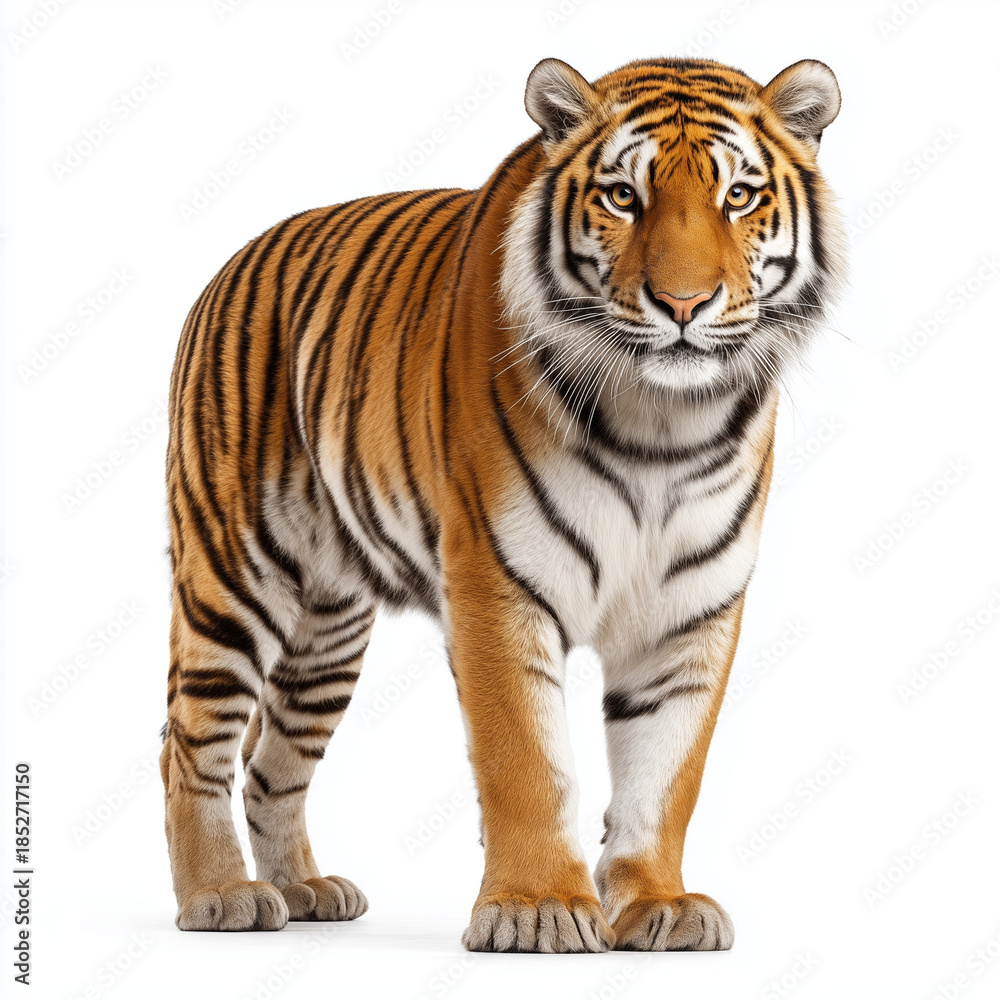 Fototapeta premium AI-generated image - Majestic tiger (Pantheratigris) standing isolated on a white background, looking directly at the camera. 