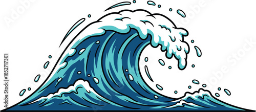 Blue ocean wave vector illustration with white sea foam, curling barrel splash, detailed cartoon style tide, isolated on white background.