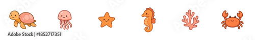 Cute cartoon sea creatures and marine life icons, including a turtle, jellyfish, starfish, seahorse, coral, and crab, smiling cheerfully.