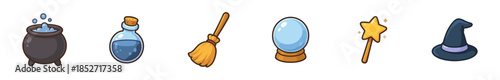 Magic and witchcraft items collection featuring a bubbling cauldron, potion bottle, broomstick, crystal ball, star wand, and witch hat, perfect for fantasy designs.