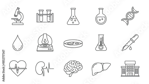 Collection of essential medical laboratory science and biology outline icons perfect for healthcare research presentations