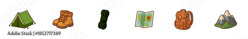 Camping equipment and outdoor adventure gear icons are neatly arranged, depicting essential items for hiking, exploration, and wilderness trips in a charming cartoon style.