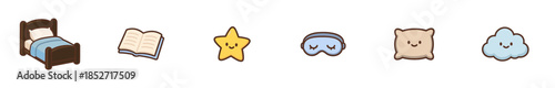 Charming sleep and bedtime icons collection featuring a cozy bed, open book, smiling star, eye mask, soft pillow, and cloud for sweet dreams.
