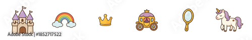 Cute cartoon fairy tale fantasy elements collection featuring a majestic castle, a vibrant rainbow, a golden crown, a royal carriage, an elegant mirror, and a magical unicorn.