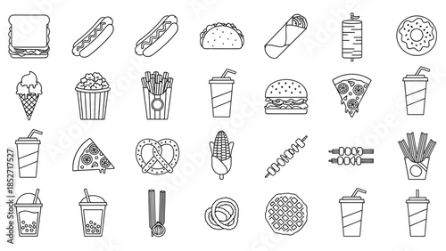 Collection of line art icons featuring popular fast food items like burgers pizza pretzels and various snacks