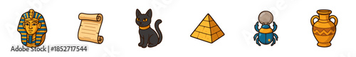 Ancient Egyptian symbols and artifacts collection features various historical elements like a pharaoh mask, papyrus scroll, black cat, pyramid, scarab, and an amphora.