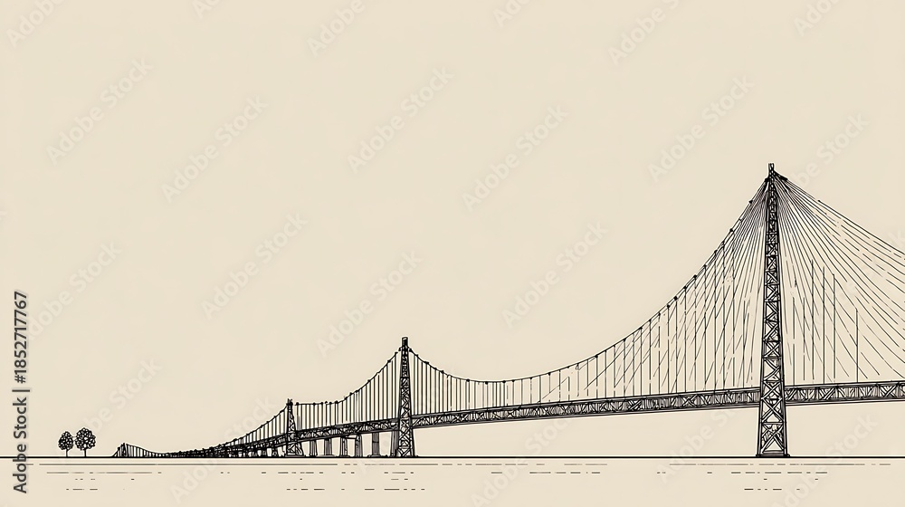 Obraz premium Awesome photo of vintage style architectural sketch of a long suspension bridge over water.