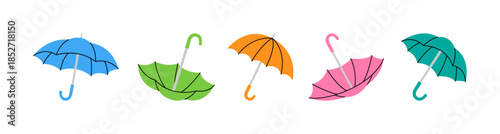 Bright vector illustration of open and reversed umbrellas in colorful minimalist style for rain and weather themes