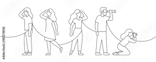People looking ahead in different poses. Simple line art for teamwork, search, and vision themes