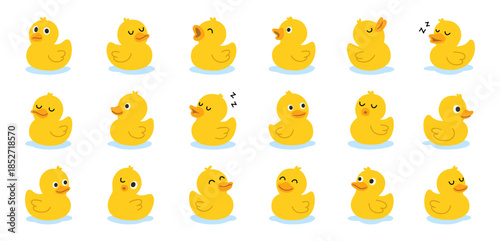 Set of yellow rubber ducks in various cute poses. Fun cartoon bath toy vector collection for prints, decor, and merchandise.