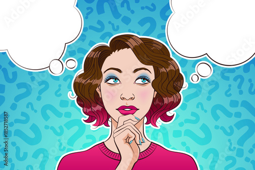 Thoughtful girl with comic thought clouds. Making a choice concept vector illustration. Woman making decision