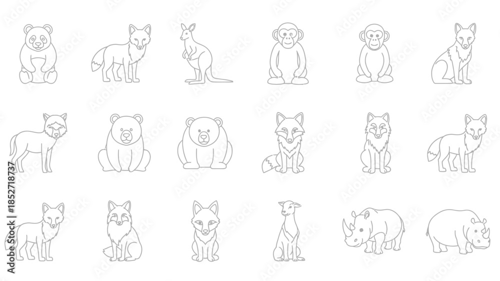 Fototapeta premium Collection of cute line art style wild animal icons perfect for educational coloring book pages