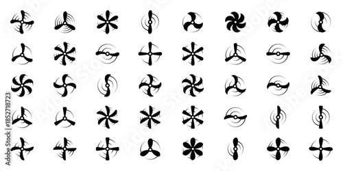 Set of airplane propeller icons. Vector aviation symbols for aircraft, drones, and transport engineering themes