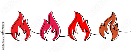 Seamless outline fire border with flame shapes. Minimal line art divider for tattoo, vector, and decorative design projects