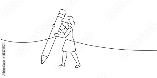 Girl walking with oversized pencil. Minimalist vector line illustration of young female character carrying large writing tool