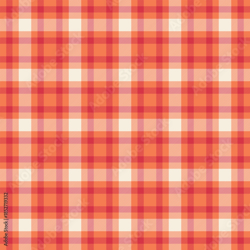 Warm and inviting plaid pattern in coral, orange, and cream. Ideal for backgrounds, textiles, or adding a touch of rustic charm to your design projects.