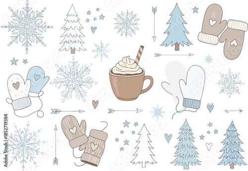 Winter pattern with snowflakes mittens hot chocolate and fir trees
