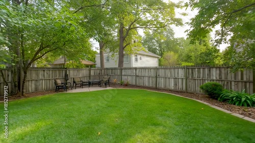 Green backyard lawn surrounded by wooden fence and mature trees, quiet suburban garden space with natural light, shade and relaxing atmosphere
