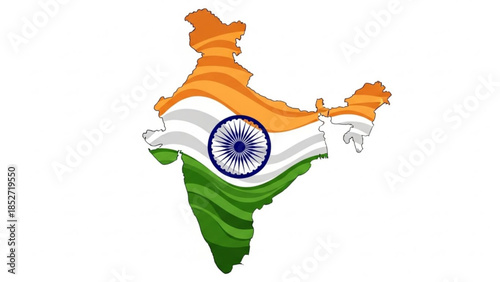 Indian map with national flag colors and ashoka chakra symbol on white background