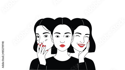 Illustration of woman with multiple faces showing different emotions and expressions