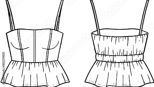 Fashion design illustration of women's corset tops with straps and ruffled hem