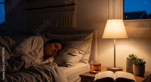 Woman sleeping in bed with bedside book and lamp