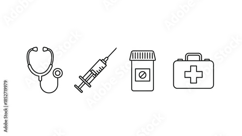 Simple black outline icons representing essential medical equipment including a stethoscope syringe prescription bottle and first aid kit