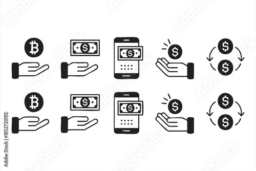 Cryptocurrency and Cash Transaction Icons for Digital Wallets
