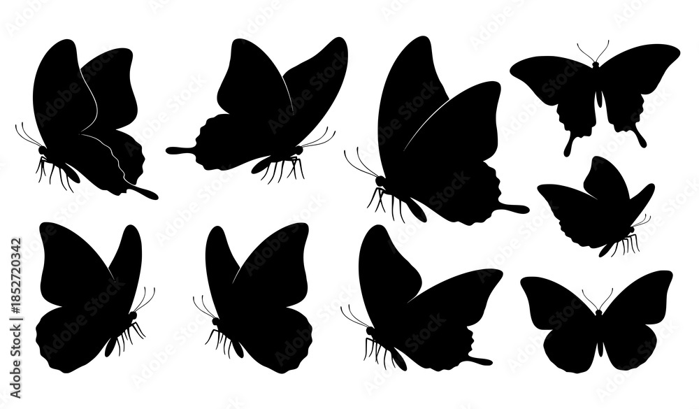Naklejka premium Realistic black butterfly silhouette vector set isolated on white background with detailed wing shapes
