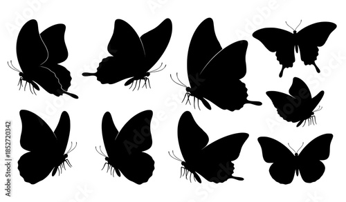 Realistic black butterfly silhouette vector set isolated on white background with detailed wing shapes